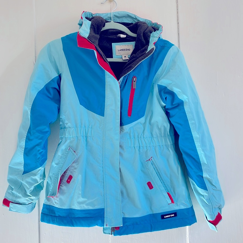 Lands’ End girls M 10-12 fleece lined winter parka aqua blue red